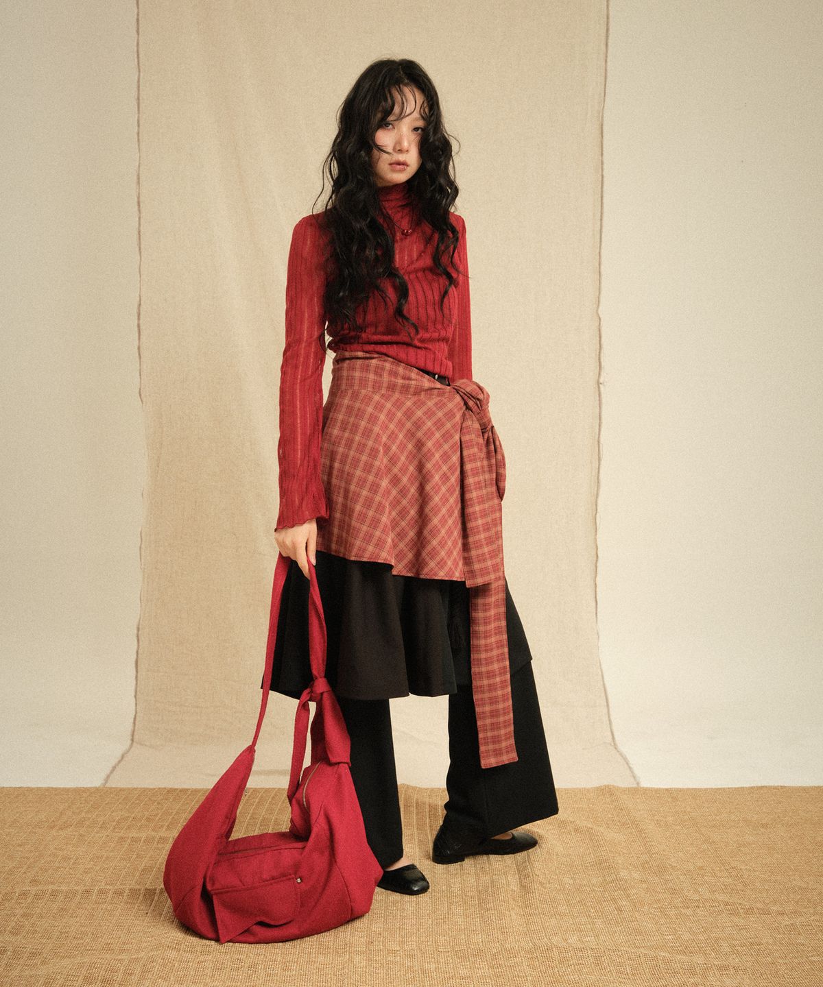 레큘리(RECULER) Tweed cloth cross bag Red