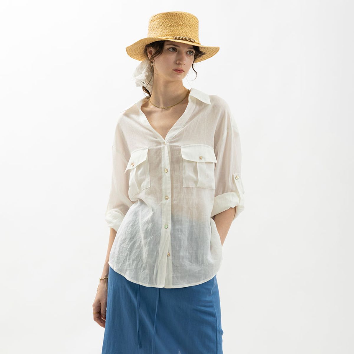 웬스데이딜라잇(WEDNESDAY DELIGHT) WD_Roll-up sleeve sheer shirt_4color
