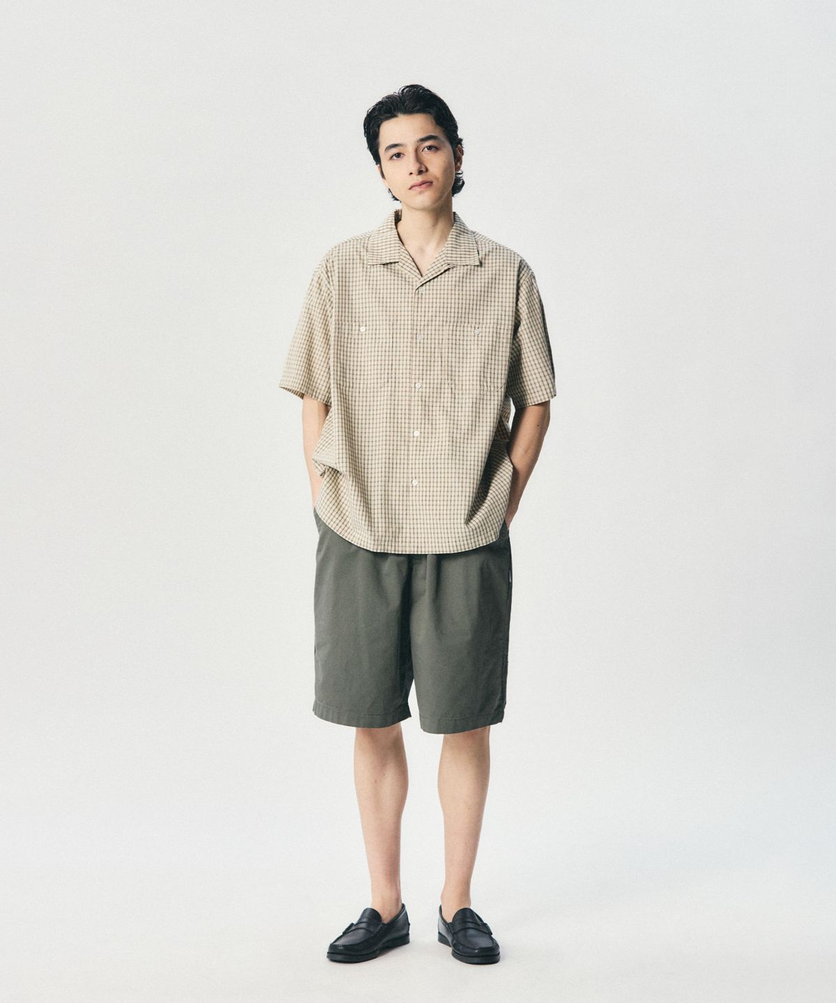 에스피오나지(ESPIONAGE) Double Grid 2 Pocket S/S Shirt Beige