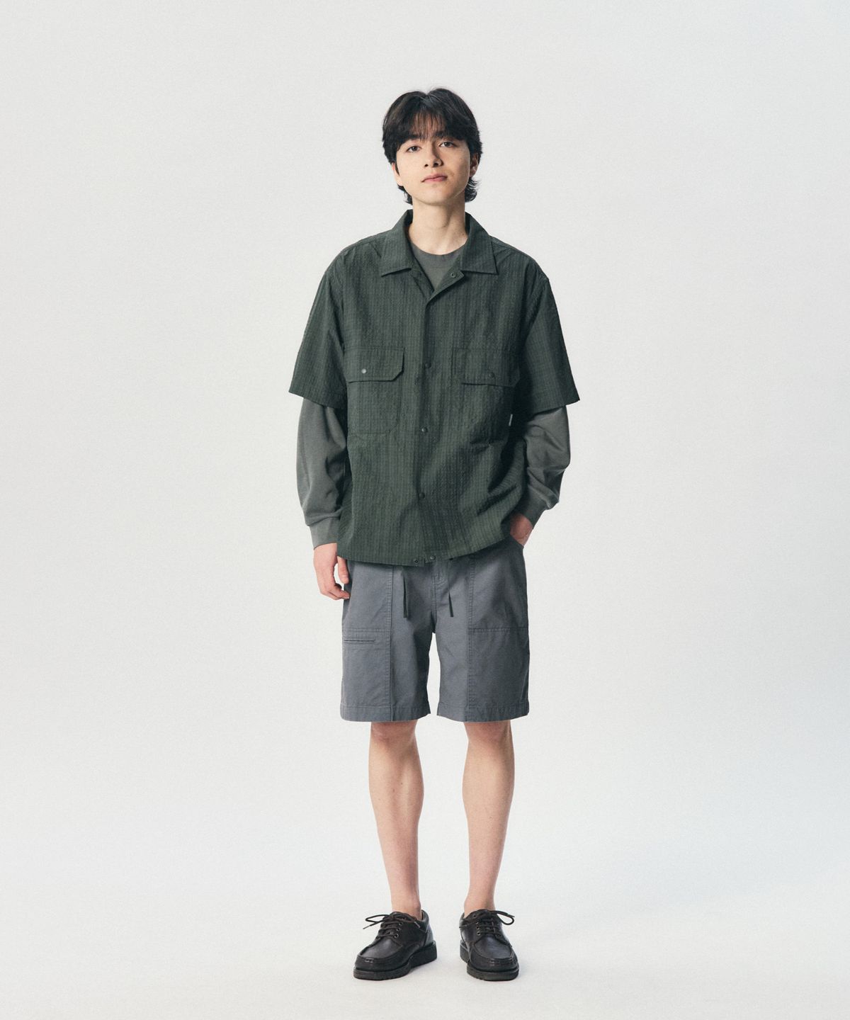 에스피오나지(ESPIONAGE) Washer Checked Shirt Jacket Dark Green