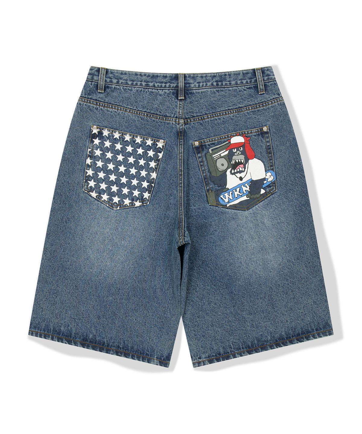 위캔더스(WKNDRS) [WKNDRS x GWAXNG] SNARL STUDDED DENIM SHORTS (DENIM)