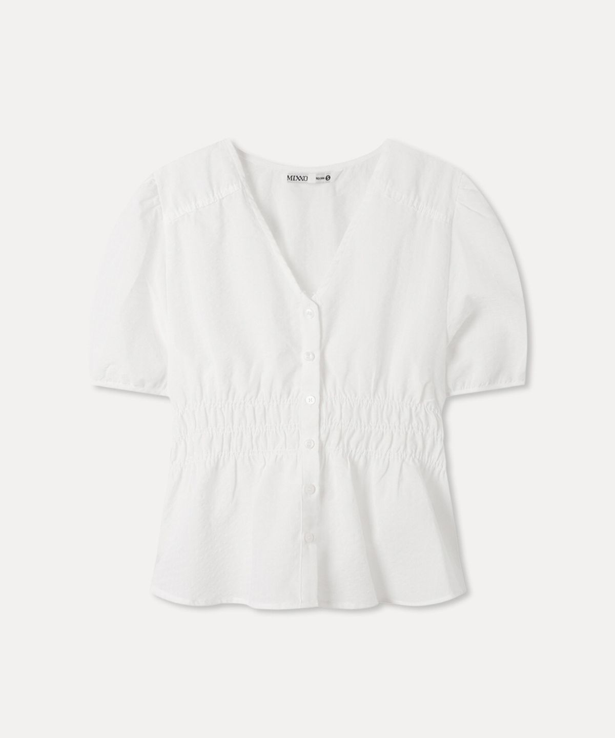 미쏘(MIXXO) V넥 셔링 블라우스 RE BLG412G_MIWBWG61QG