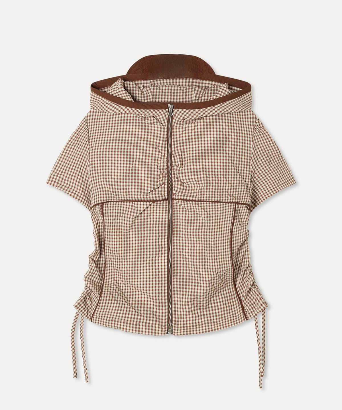 미쏘(MIXXO) 후드 체크 반팔 점퍼_MIWJJG701G