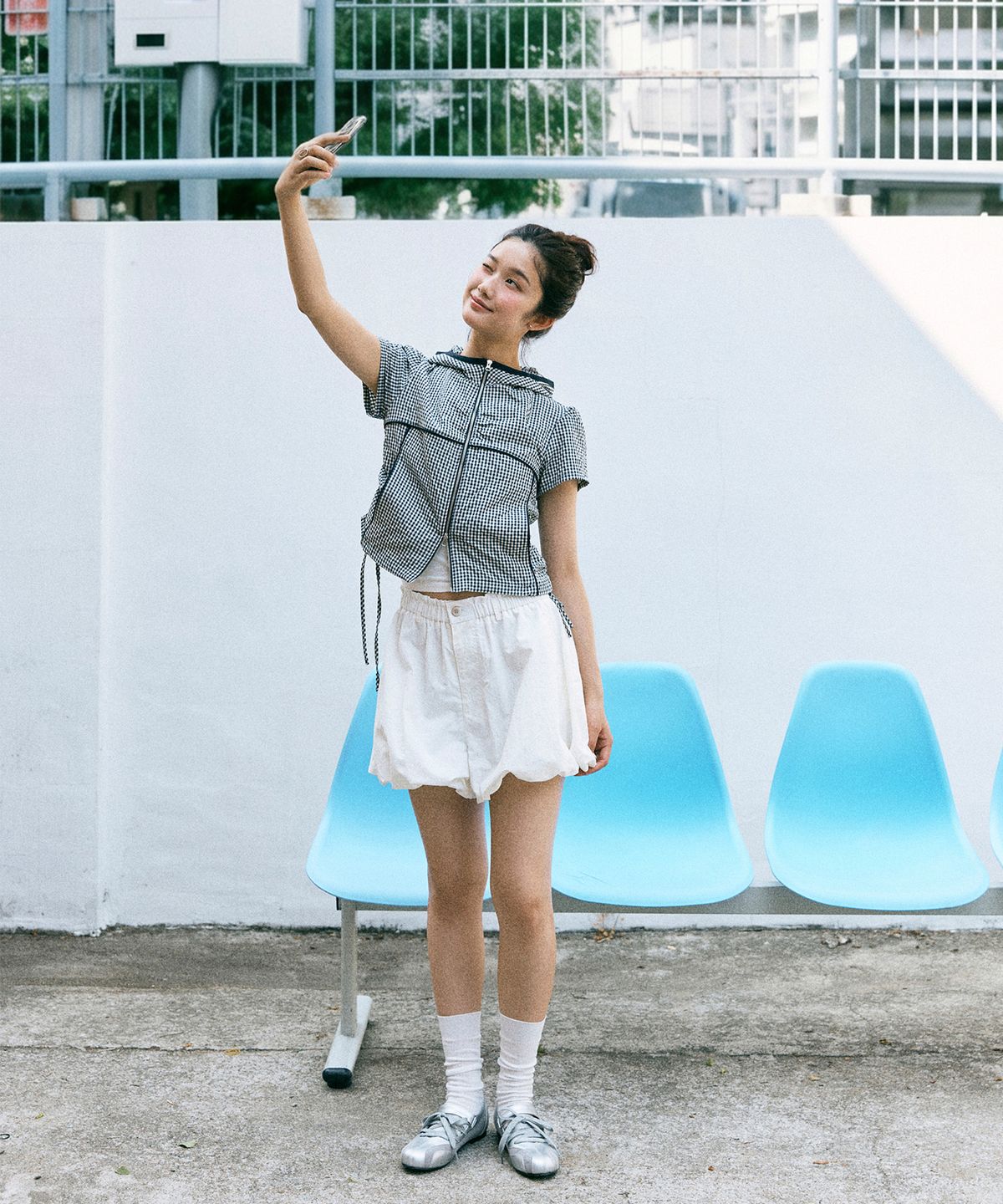 미쏘(MIXXO) 후드 체크 반팔 점퍼_MIWJJG701G
