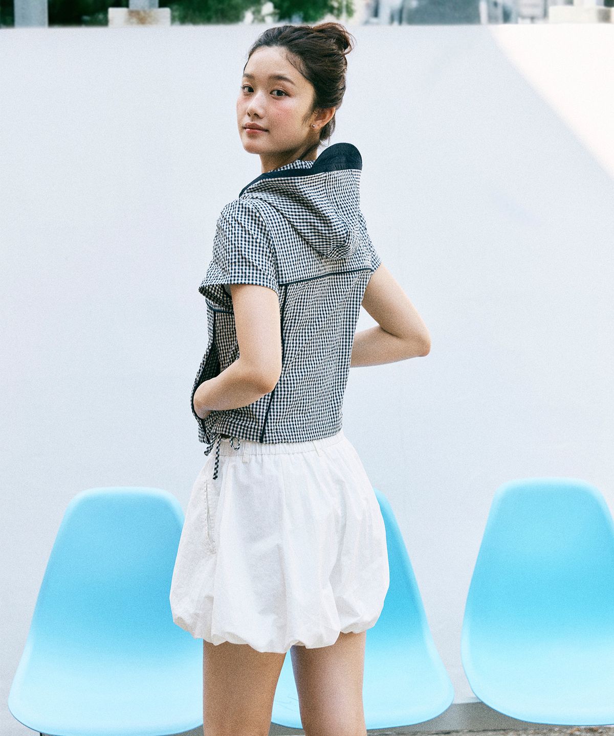 미쏘(MIXXO) 후드 체크 반팔 점퍼_MIWJJG701G