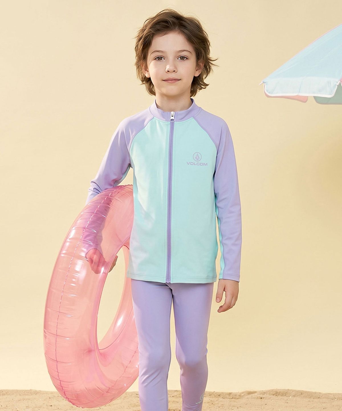 볼컴 키즈(VOLCOM KIDS) 배색 집업 래쉬가드 세트 D6M055