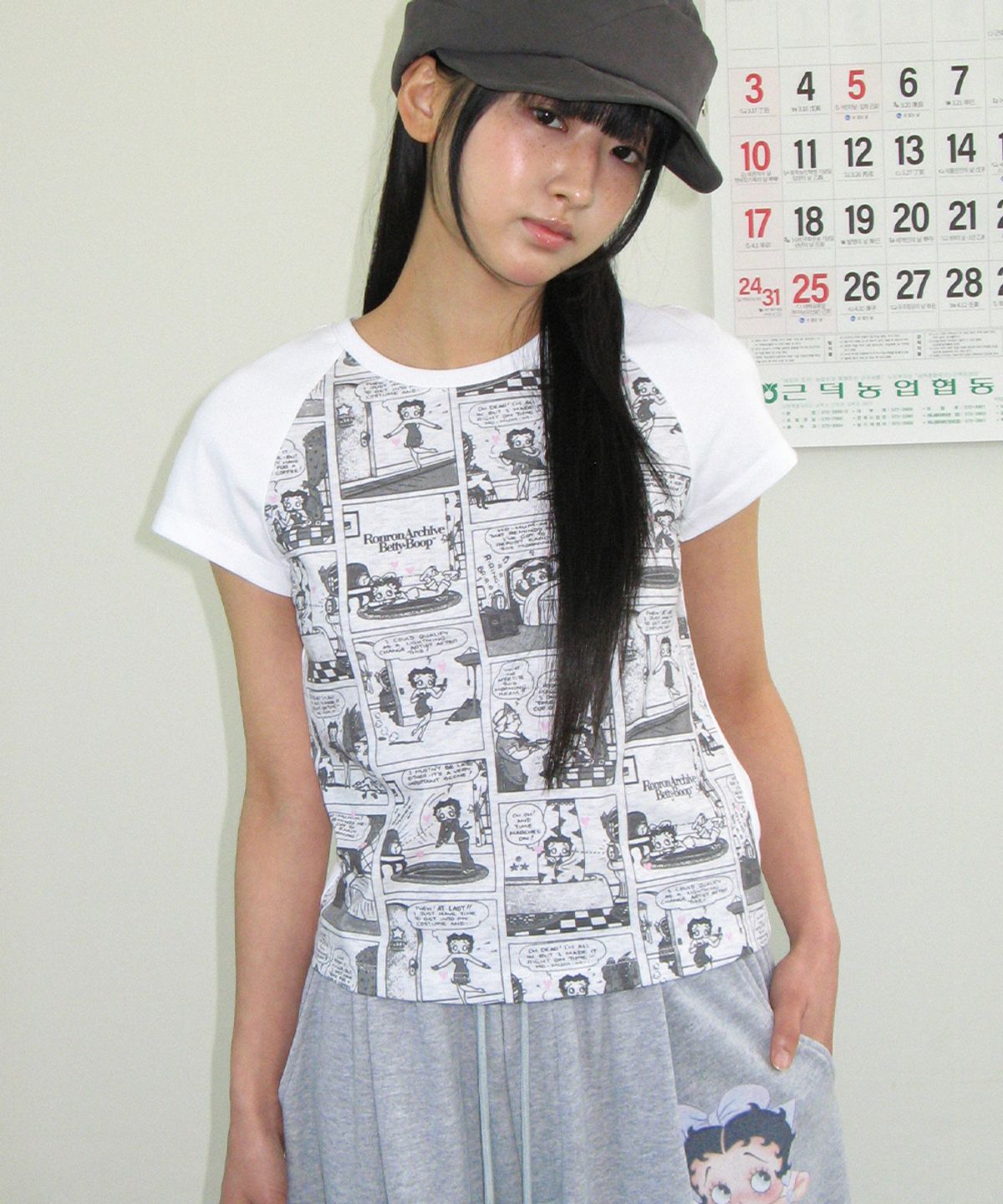 론론(RONRON) BETTY BOOP ALL OVER CARTOON RAGLAN T SHIRT WHITE