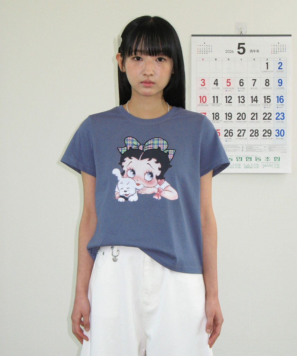 론론(RONRON) BETTY BOOP RIBBON APPLIQUE CROP T SHIRT NAVY