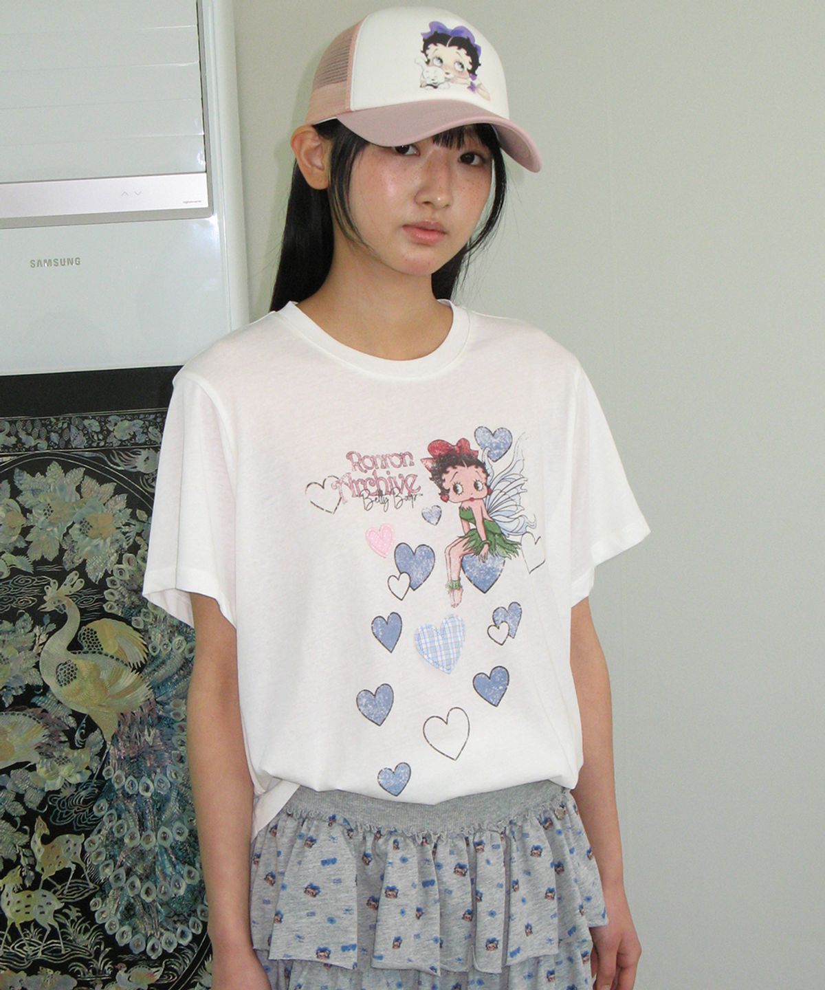 론론(RONRON) BETTY BOOP FAIRY HEART APPLIQUE BASIC FIT T SHIRT WHITE