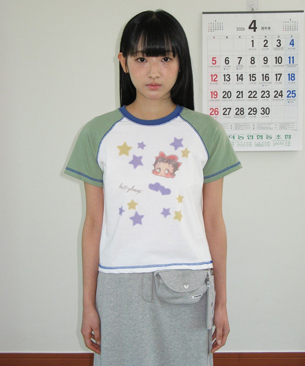 론론(RONRON) BETTY BOOP MINI STAR STITCH RAGLAN T SHIRT GREEN