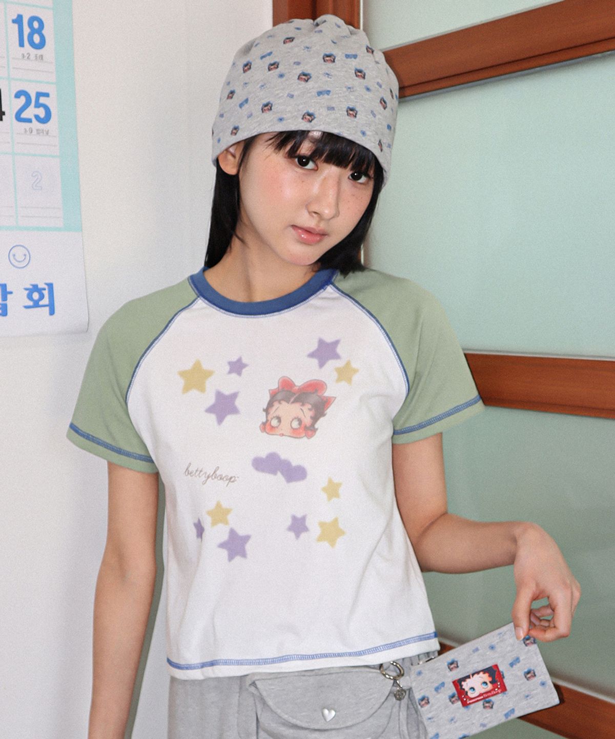 론론(RONRON) BETTY BOOP MINI STAR STITCH RAGLAN T SHIRT GREEN