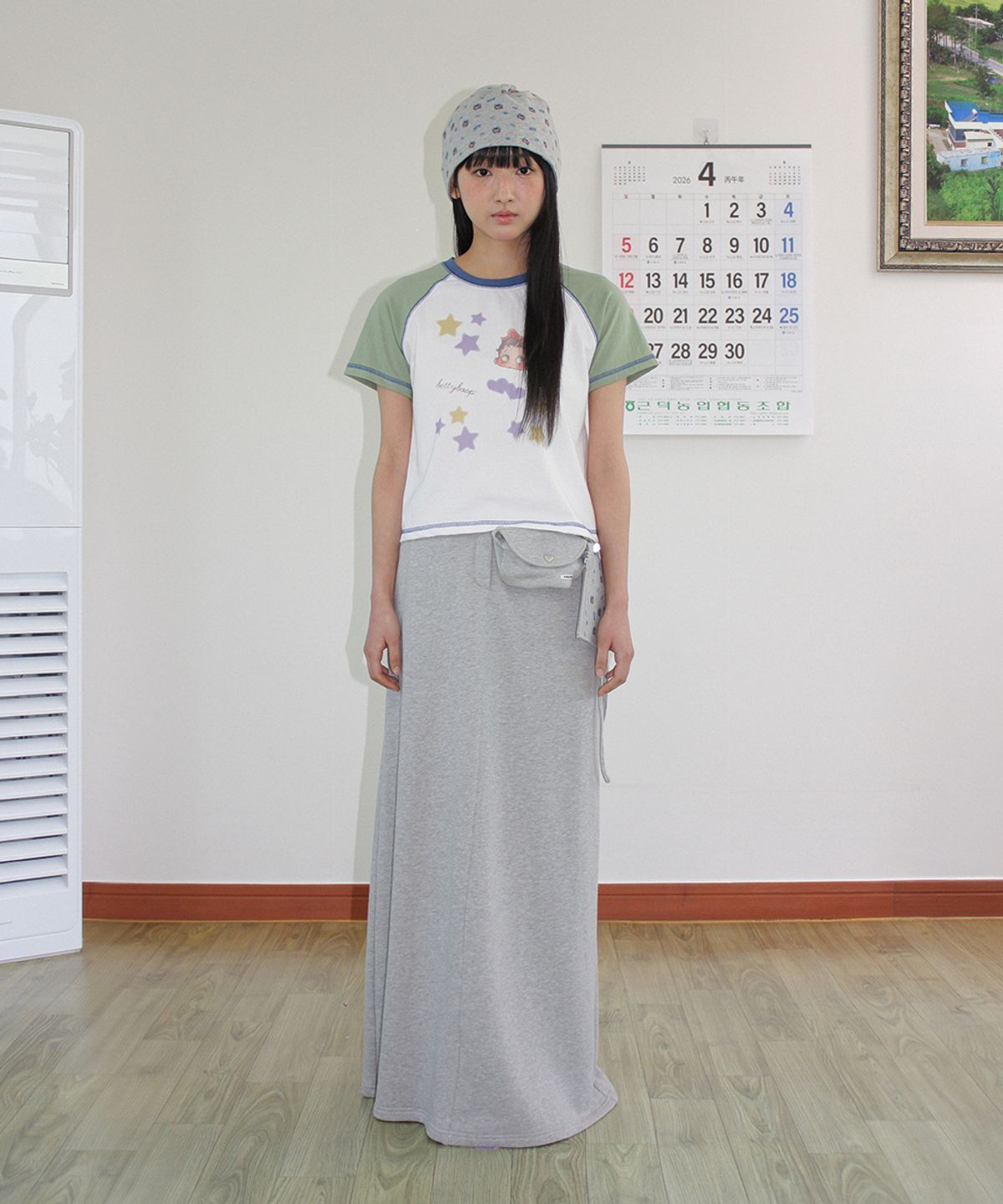 론론(RONRON) BETTY BOOP PATTERN STRING BEANIE GREY