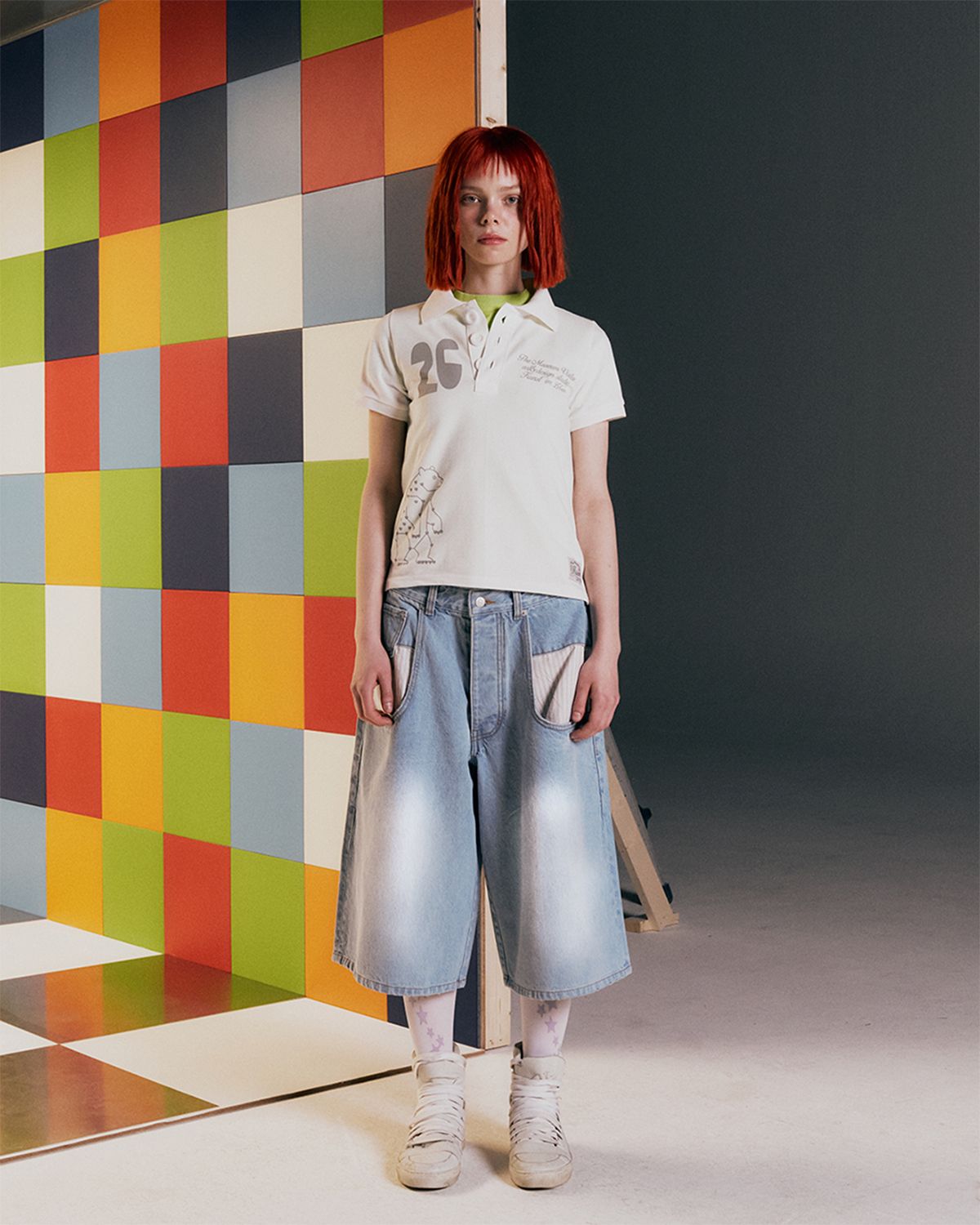 더뮤지엄비지터(THEMUSEUMVISITOR) STRIPE POCKET DENIM BERMUDA PANTS (LIGHT BLUE)