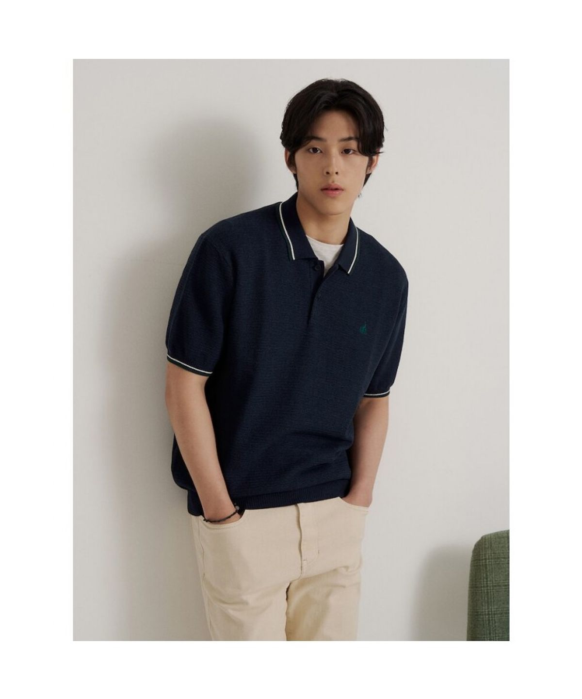빈폴 멘(BEANPOLE MEN) 크로셰 티핑 칼라넥 니트  네이비