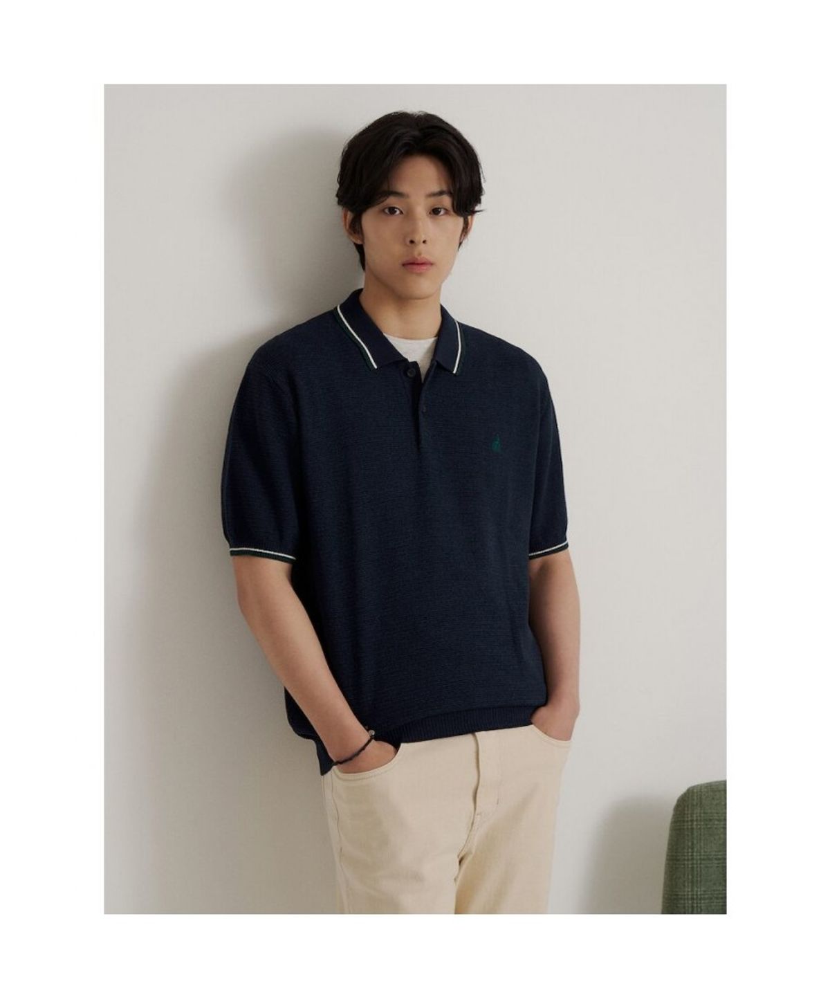 빈폴 멘(BEANPOLE MEN) 크로셰 티핑 칼라넥 니트  네이비