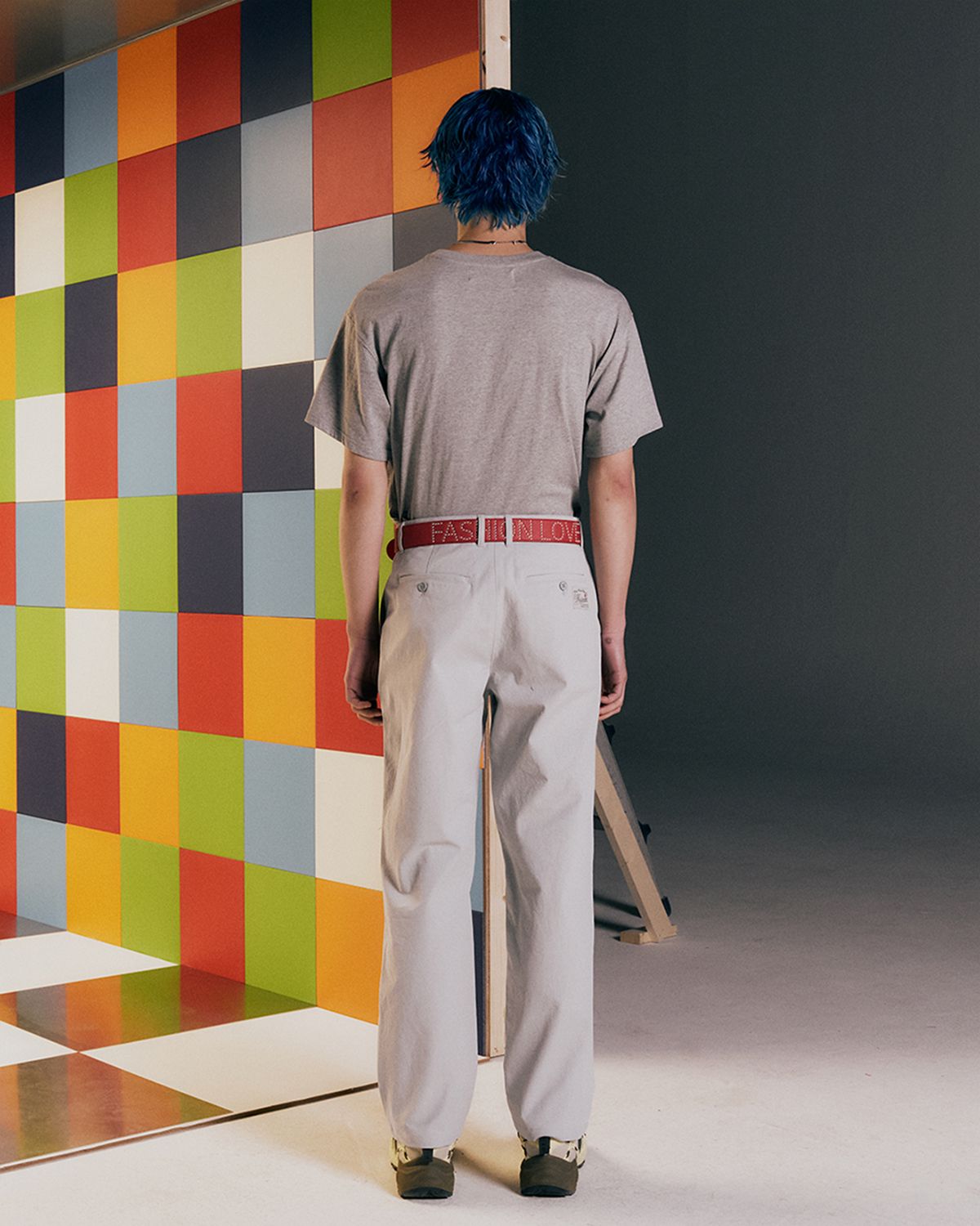 더뮤지엄비지터(THEMUSEUMVISITOR) CHECK PATCHWORK CHINO PANTS (GREY)