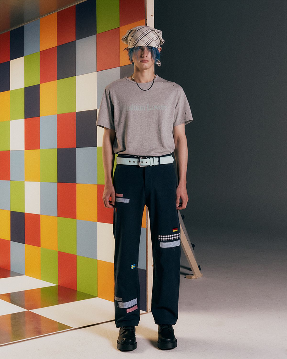 더뮤지엄비지터(THEMUSEUMVISITOR) CHECK PATCHWORK CHINO PANTS (NAVY)