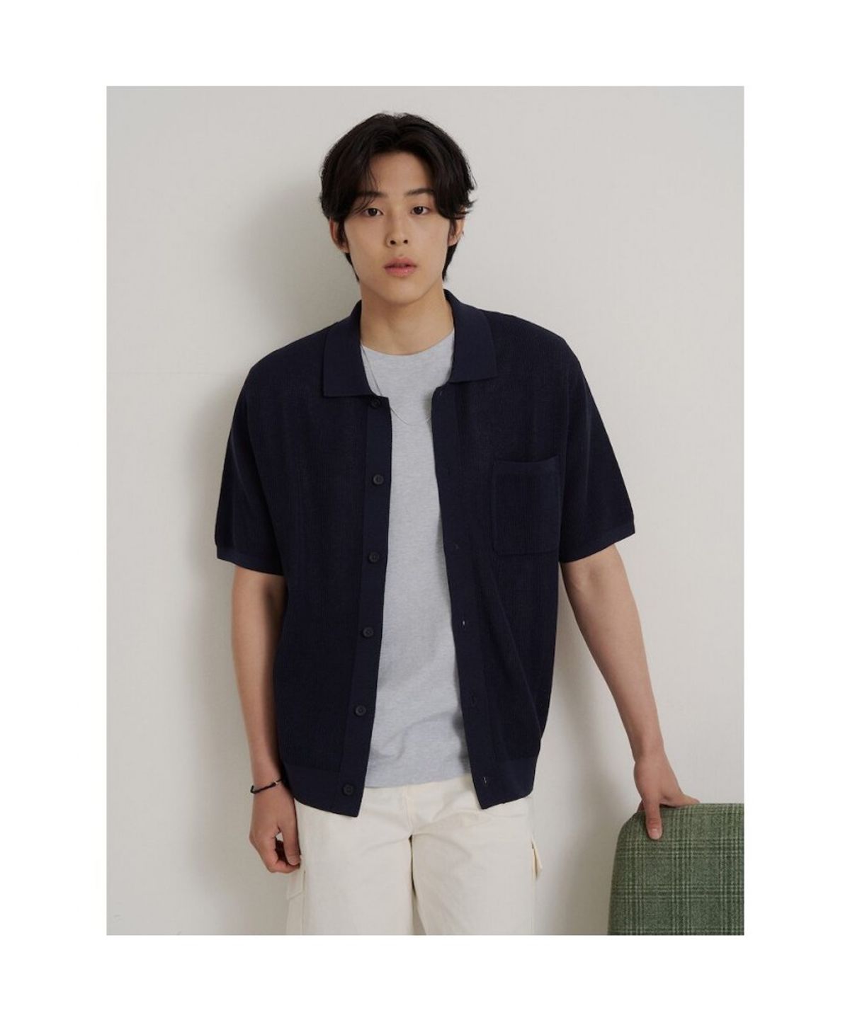 빈폴 멘(BEANPOLE MEN) 크로셰 반소매 칼라넥 카디건  네이비