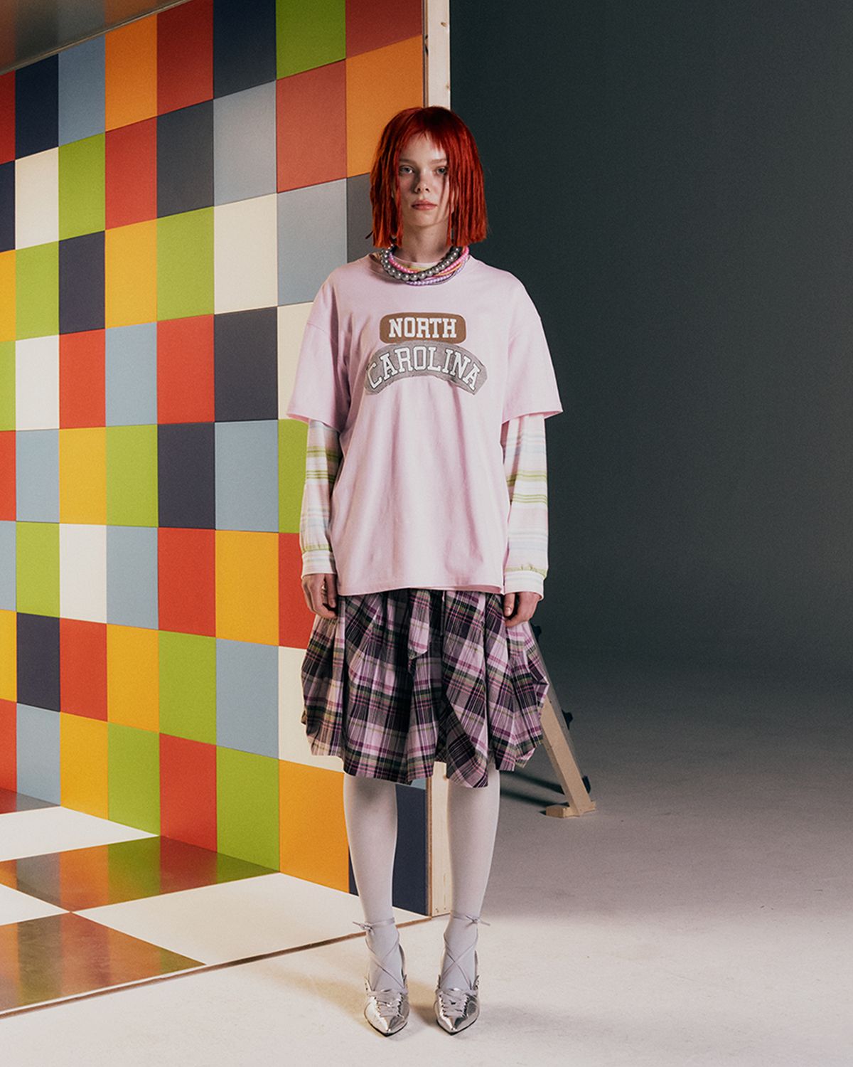 더뮤지엄비지터(THEMUSEUMVISITOR) W ZIPPER CHECK GORED SKIRT (CHECK)