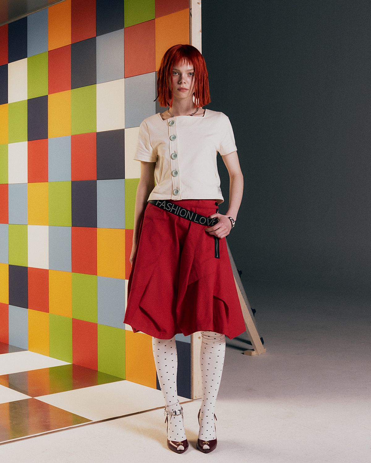 더뮤지엄비지터(THEMUSEUMVISITOR) W ZIPPER GORED SKIRT (RED)
