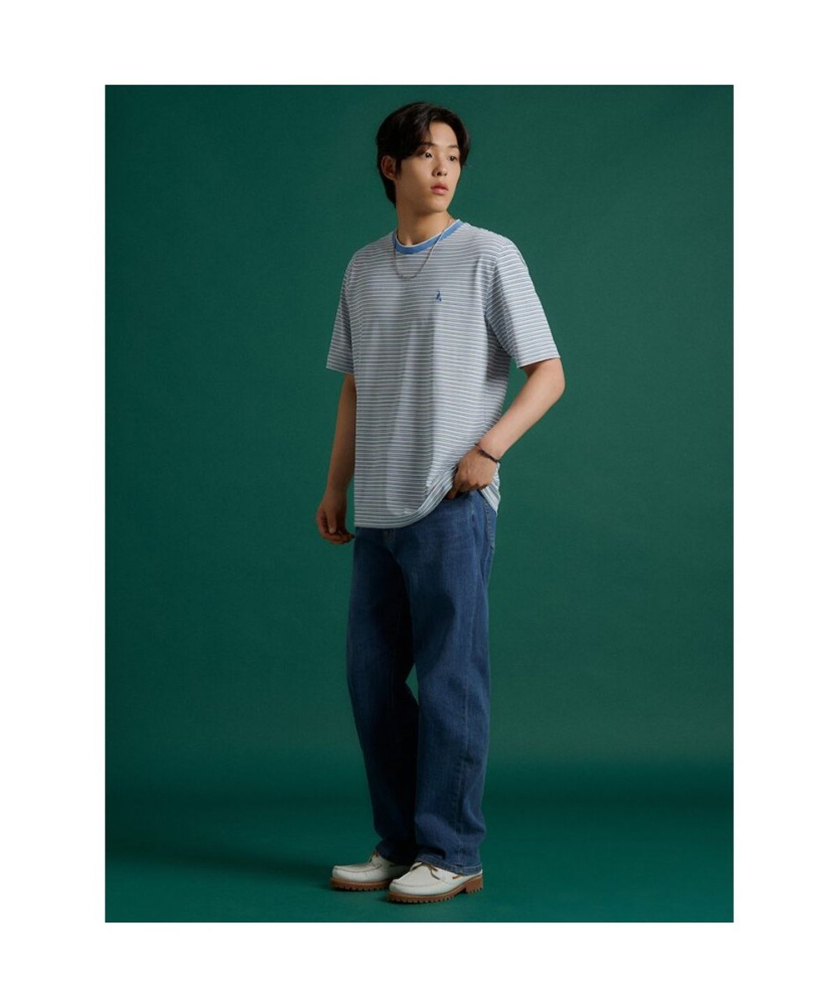 빈폴 멘(BEANPOLE MEN) 멀티 스트라이프 라운드넥 티셔츠  블루