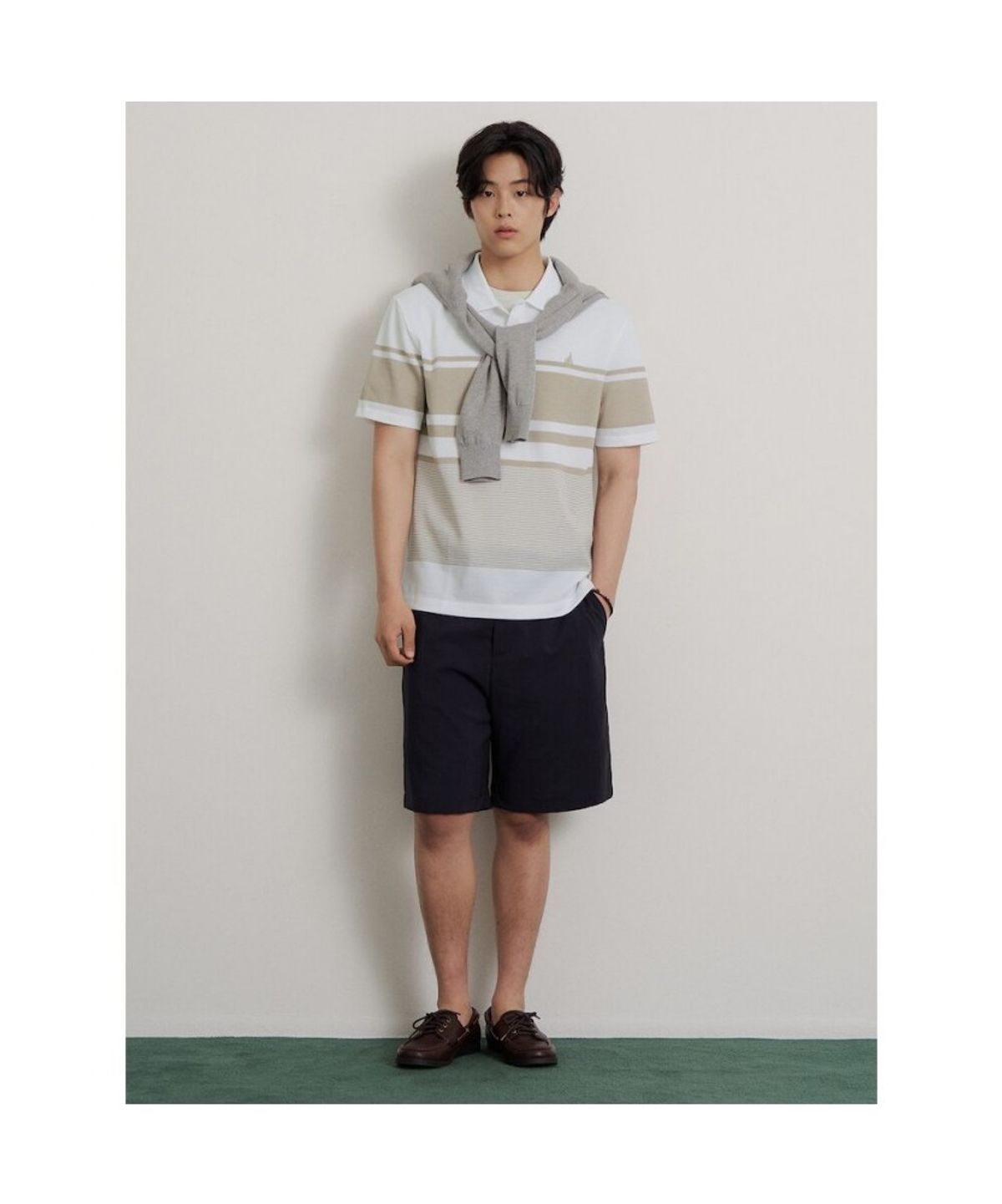 빈폴 멘(BEANPOLE MEN) 믹스 스트라이프 칼라넥 티셔츠  베이지