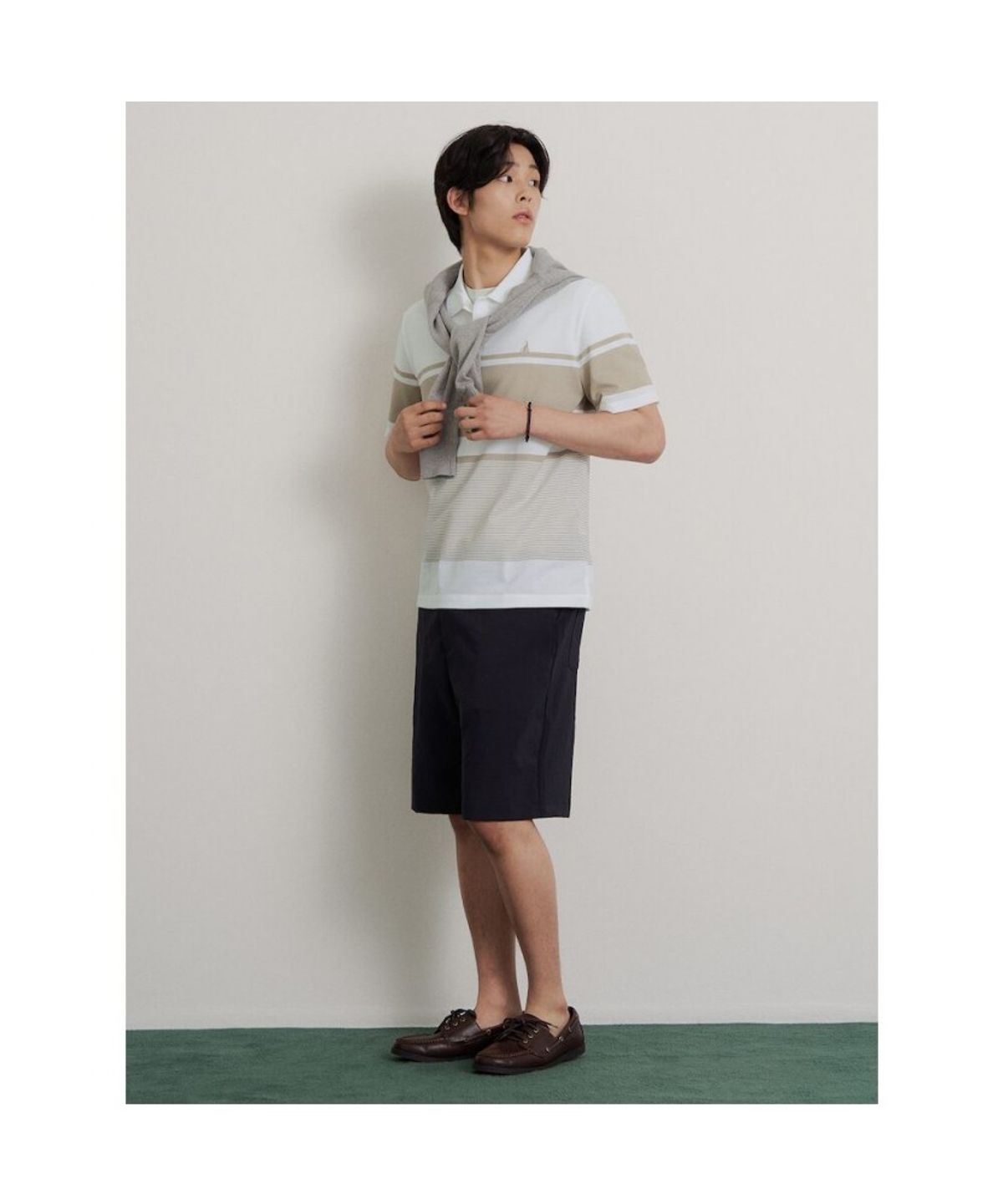 빈폴 멘(BEANPOLE MEN) 믹스 스트라이프 칼라넥 티셔츠  베이지