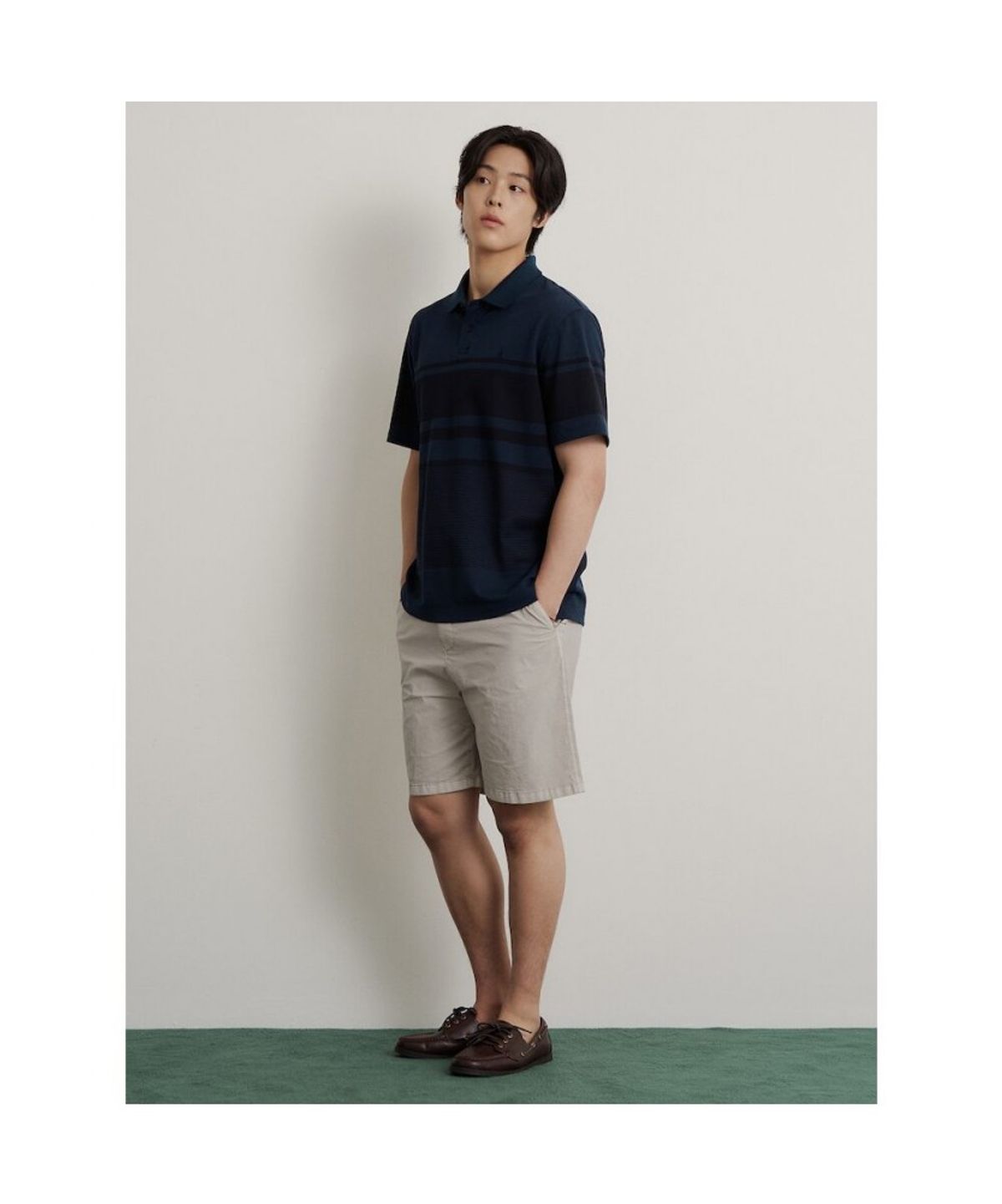 빈폴 멘(BEANPOLE MEN) 믹스 스트라이프 칼라넥 티셔츠  네이비