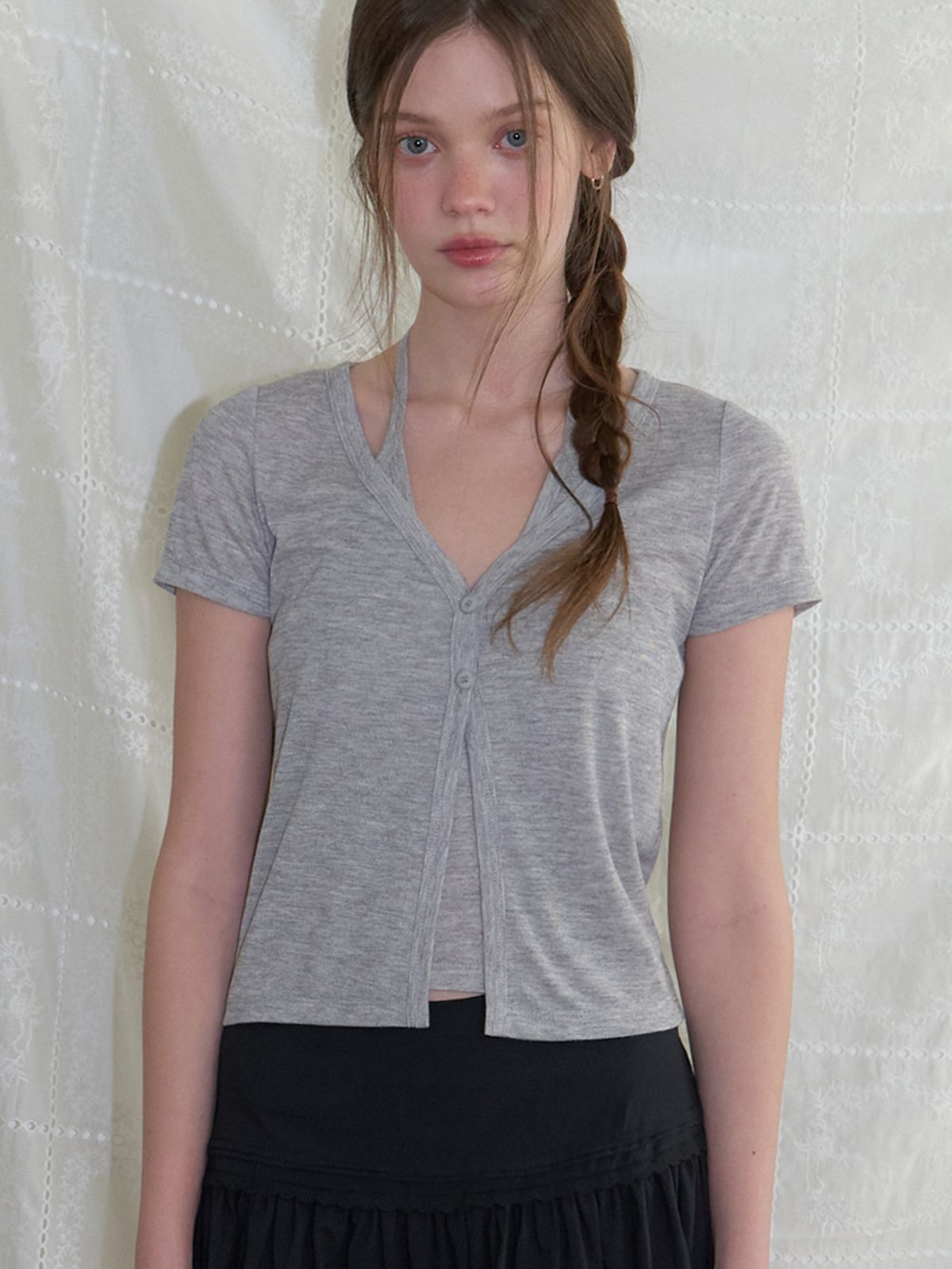 리엘(RE L) Halter layered half cardigan (melange gray)