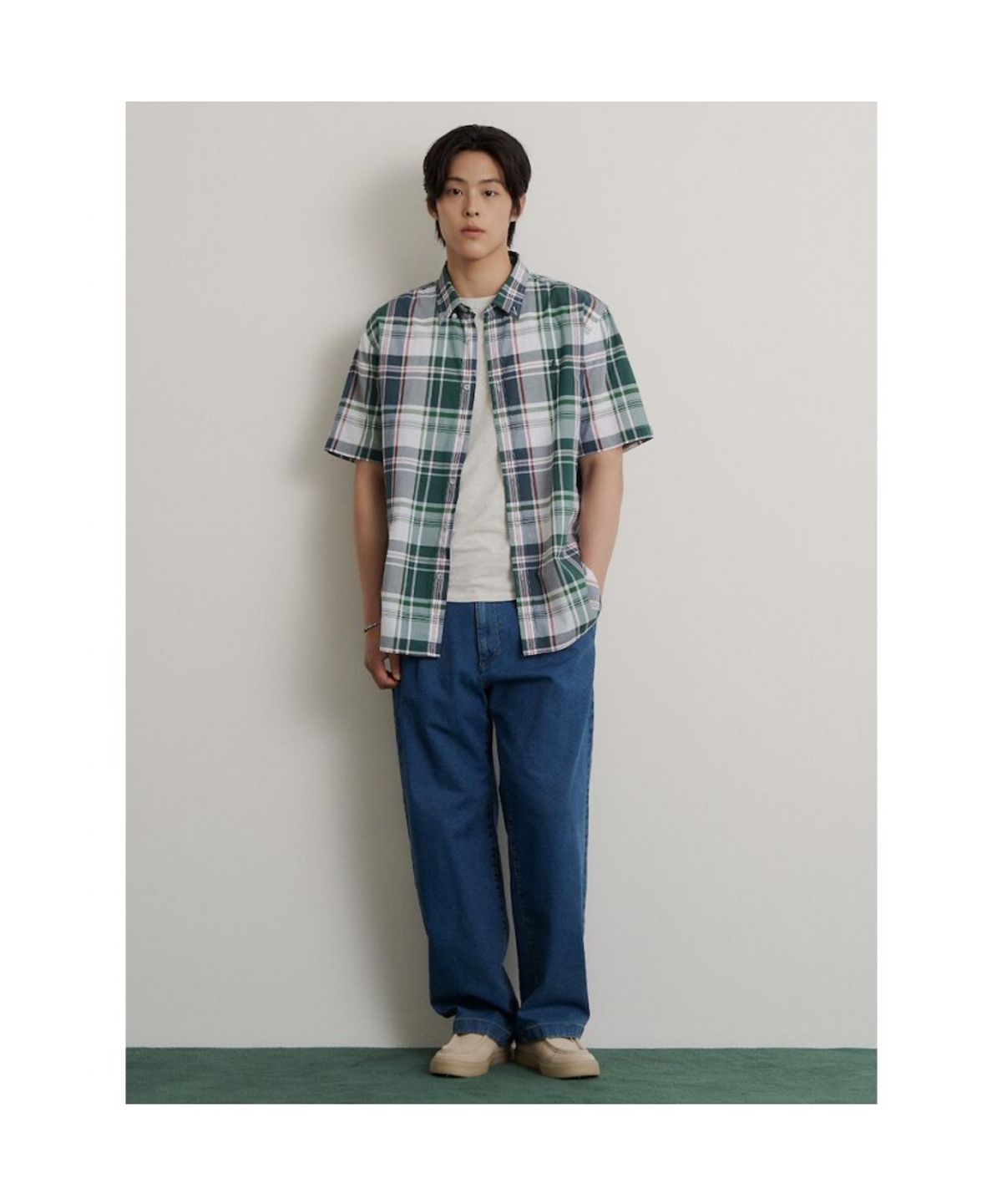 빈폴 멘(BEANPOLE MEN) 빅체크 반소매 셔츠  그린