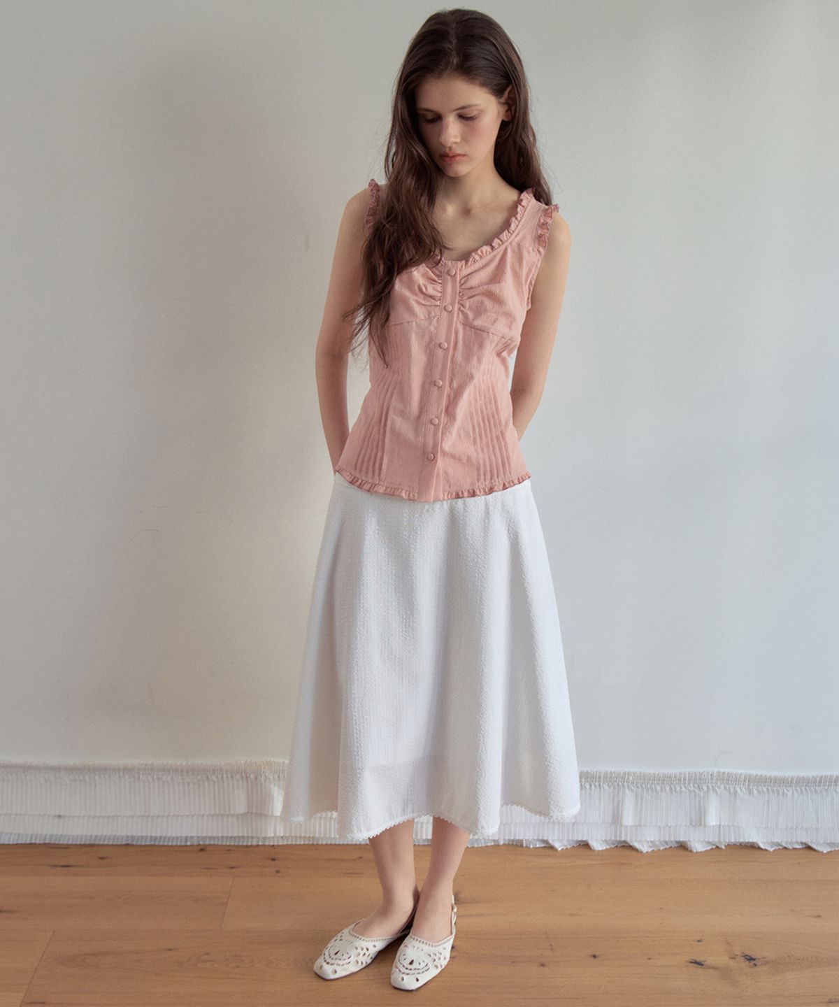 아우어노스텔지아(OURNOSTALGIA) Melly Pintuck Sleeveless Blouse_Pink(OB6BL04)