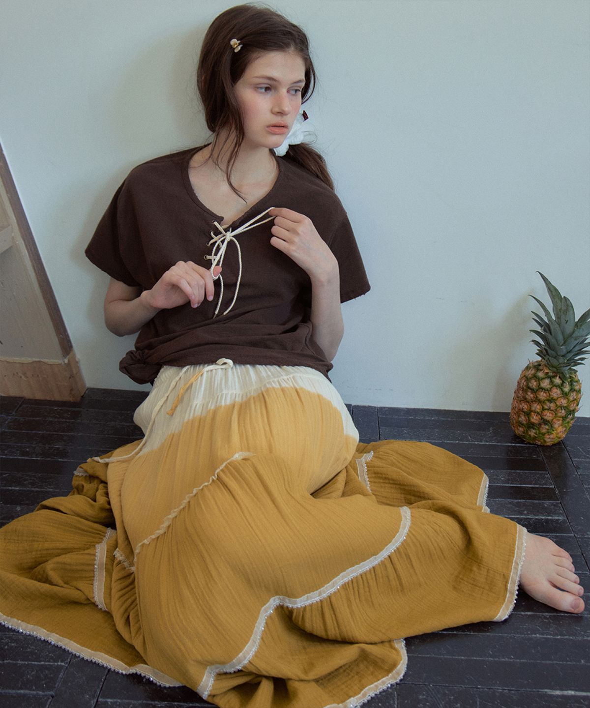 아우어노스텔지아(OURNOSTALGIA) Vintage Eyelet Half T-Shirt_Brown(OB6TP13)