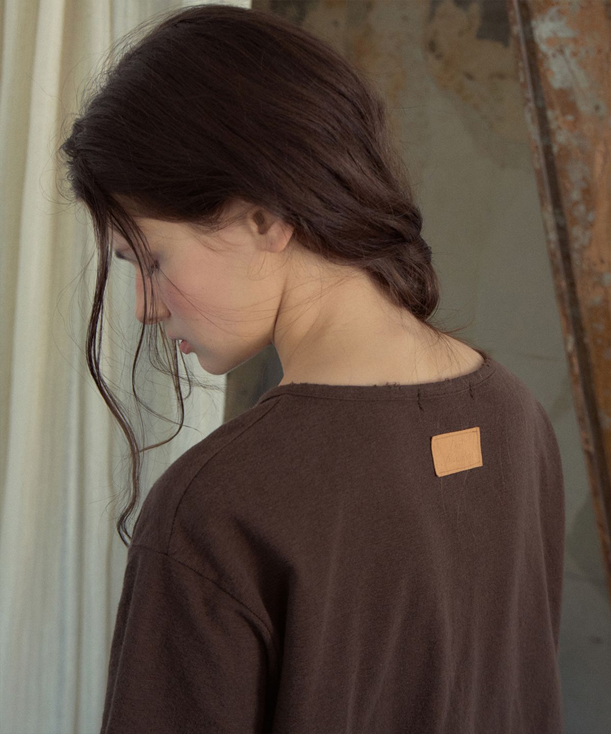 아우어노스텔지아(OURNOSTALGIA) Vintage Eyelet Half T-Shirt_Brown(OB6TP13)