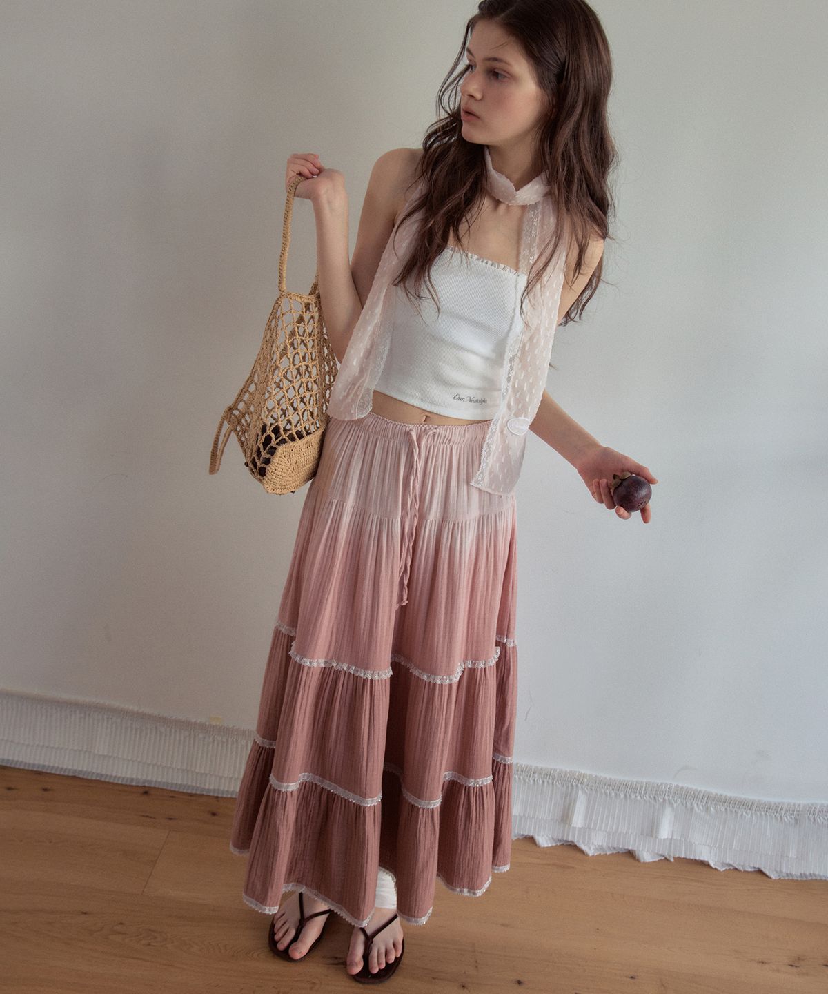 아우어노스텔지아(OURNOSTALGIA) Gradient Lace Tiered Skirt_Pink(OB6SK11)
