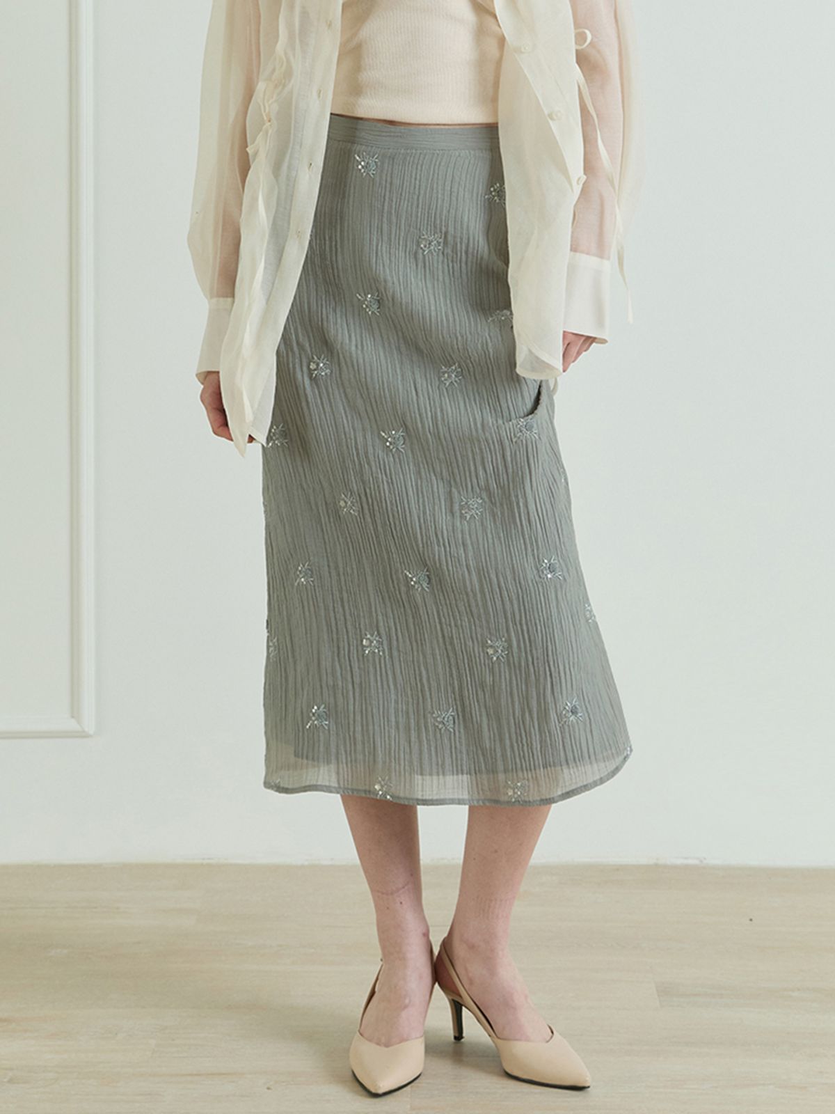 릴리움(LILIUM) Del Mar Crinkle Beads Skirts_Ash Khaki