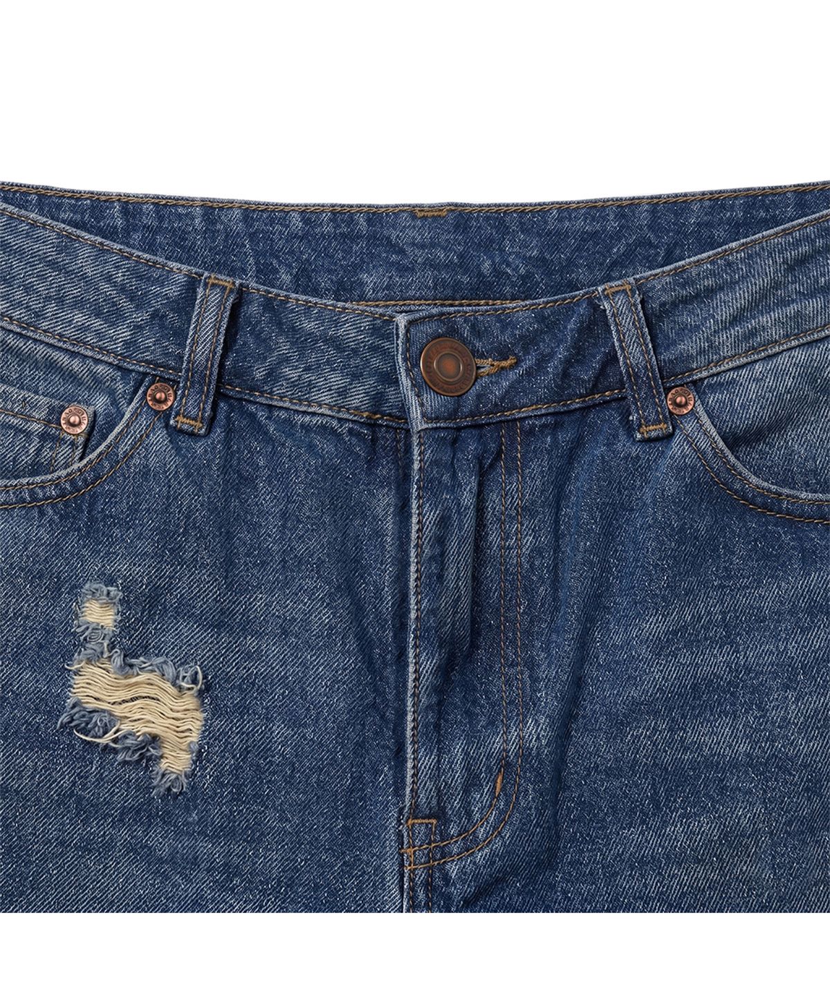 엑스트라오디너리(EXTRAORDINARY) DAMAGE DENIM SHORT DEEP BLUE