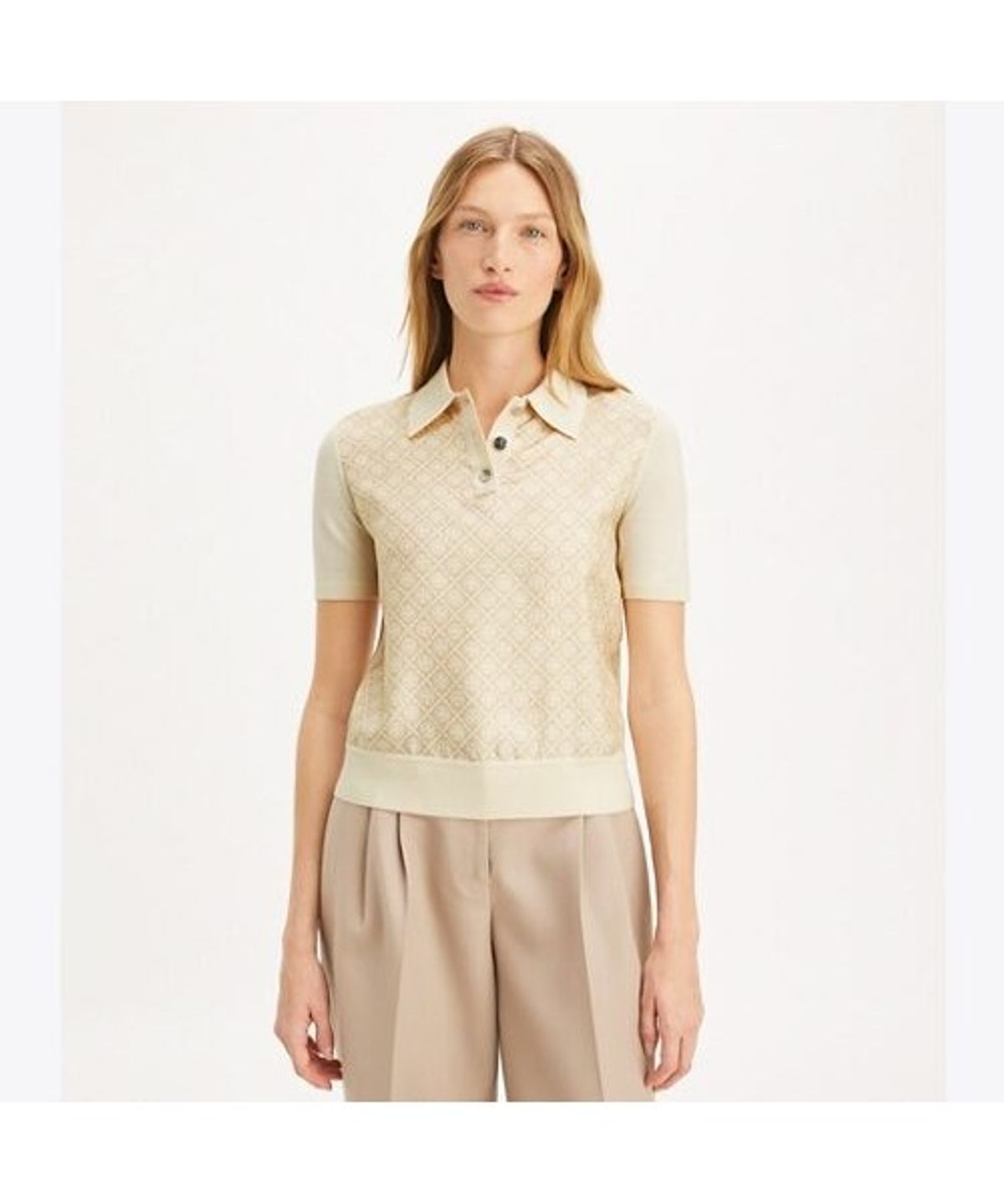 토리버치(TORYBURCH) 실크 프론트 폴로 - 프렌치 크림 / 골드 티 모노그램