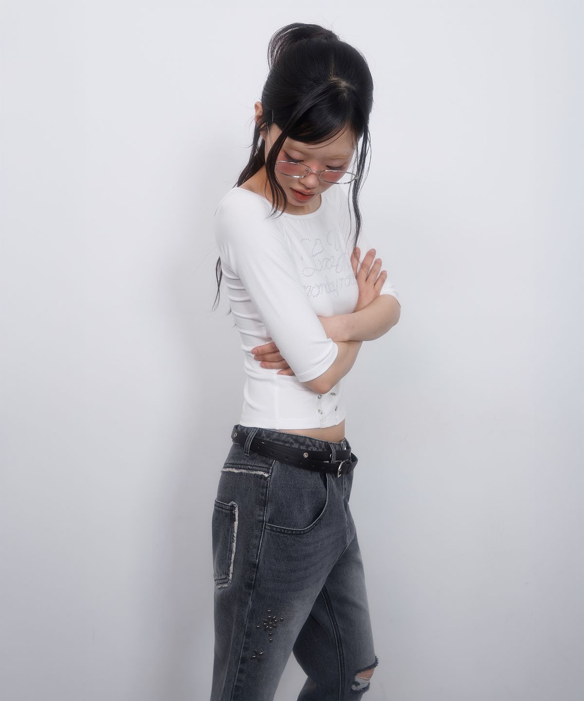 엘엠알(LMR) 컷오프 스터드 플레어 데님 팬츠 GREY