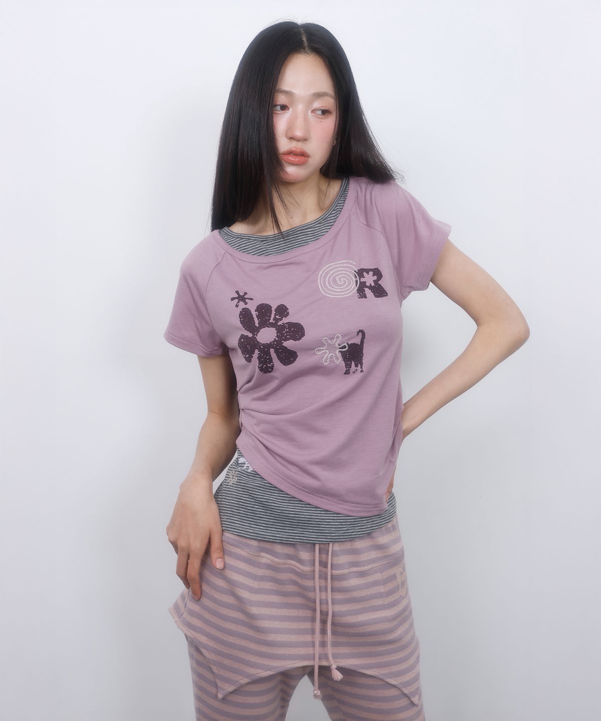 엘엠알(LMR) 스트라이프 레이어드 플레어 스커트 팬츠 PURPLE PINK