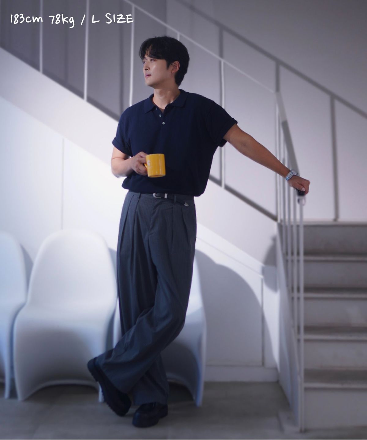 커즈넬로(CUZNELLO) 쿨 코튼 카라 반팔 니트_딥네이비