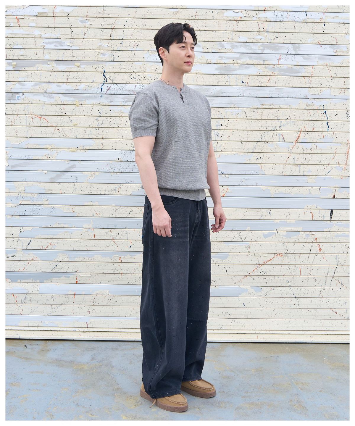 더블제이디(DOUBLE JD) 라운드 1버튼 니트 반팔 티셔츠