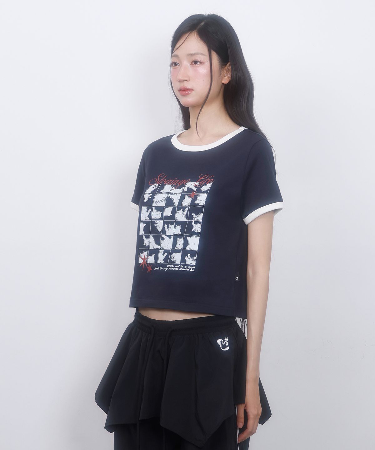엘엠알(LMR) 캣 포스터 링거 크롭 반팔 티셔츠 NAVY