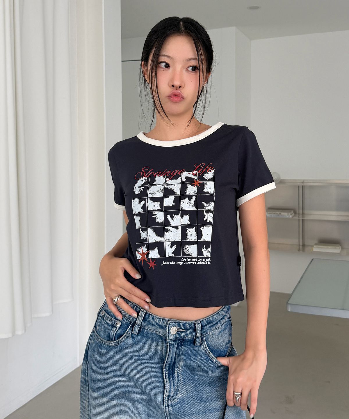 엘엠알(LMR) 캣 포스터 링거 크롭 반팔 티셔츠 NAVY
