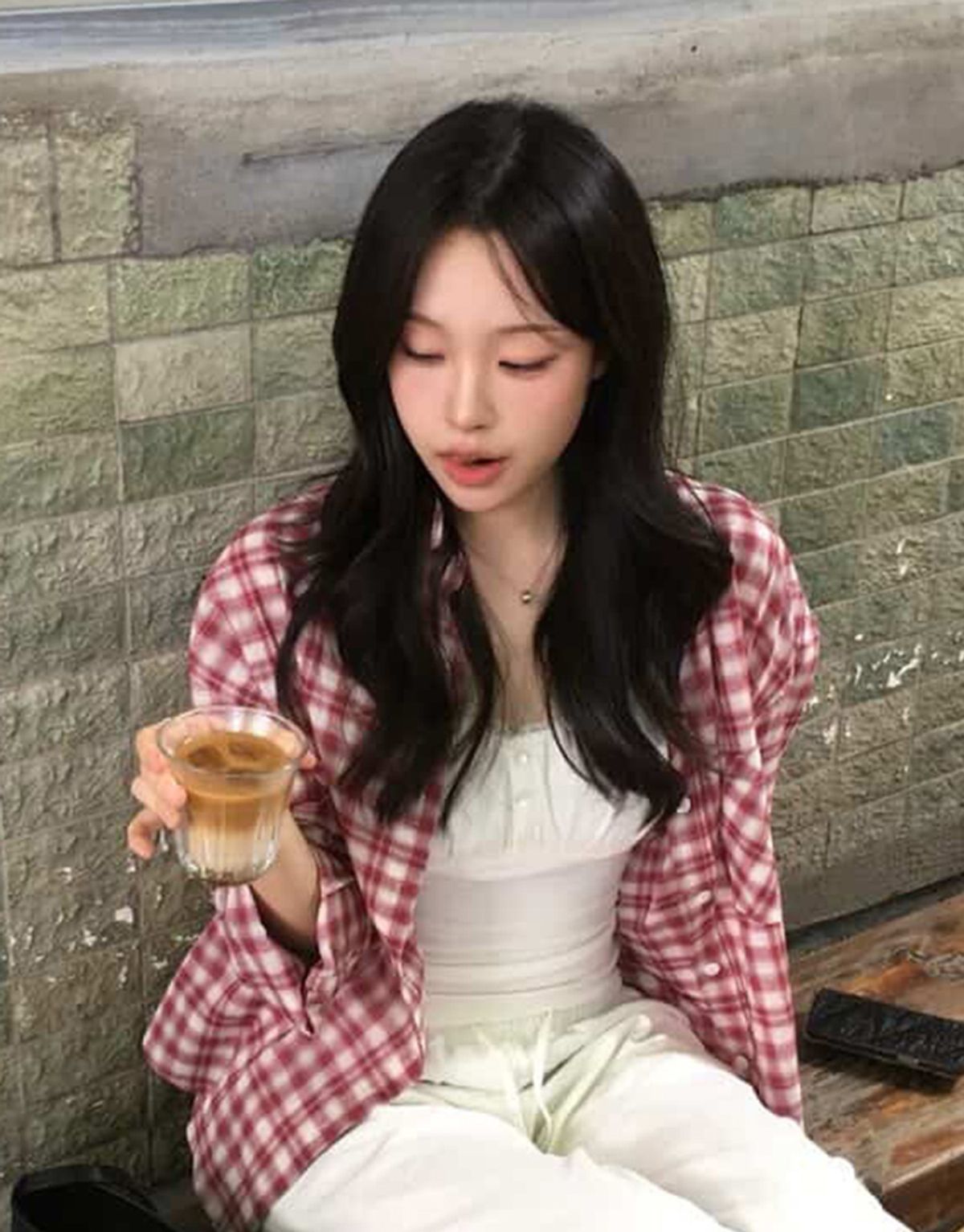 스트라이프마가린(STMG) 레터링 포켓 오버사이즈 체크 루즈 셔츠 레드