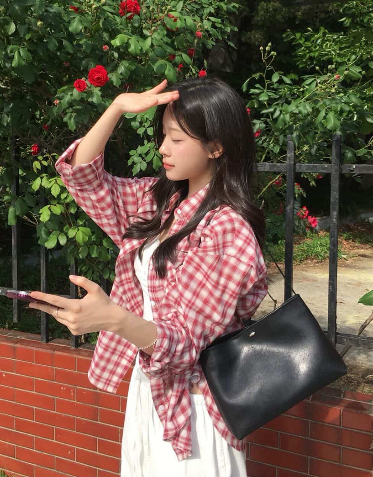 스트라이프마가린(STMG) 레터링 포켓 오버사이즈 체크 루즈 셔츠 레드