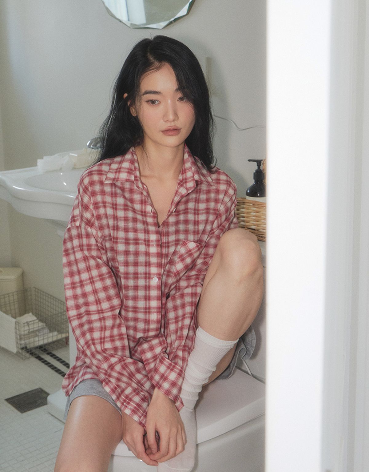 스트라이프마가린(STMG) 레터링 포켓 오버사이즈 체크 루즈 셔츠 레드