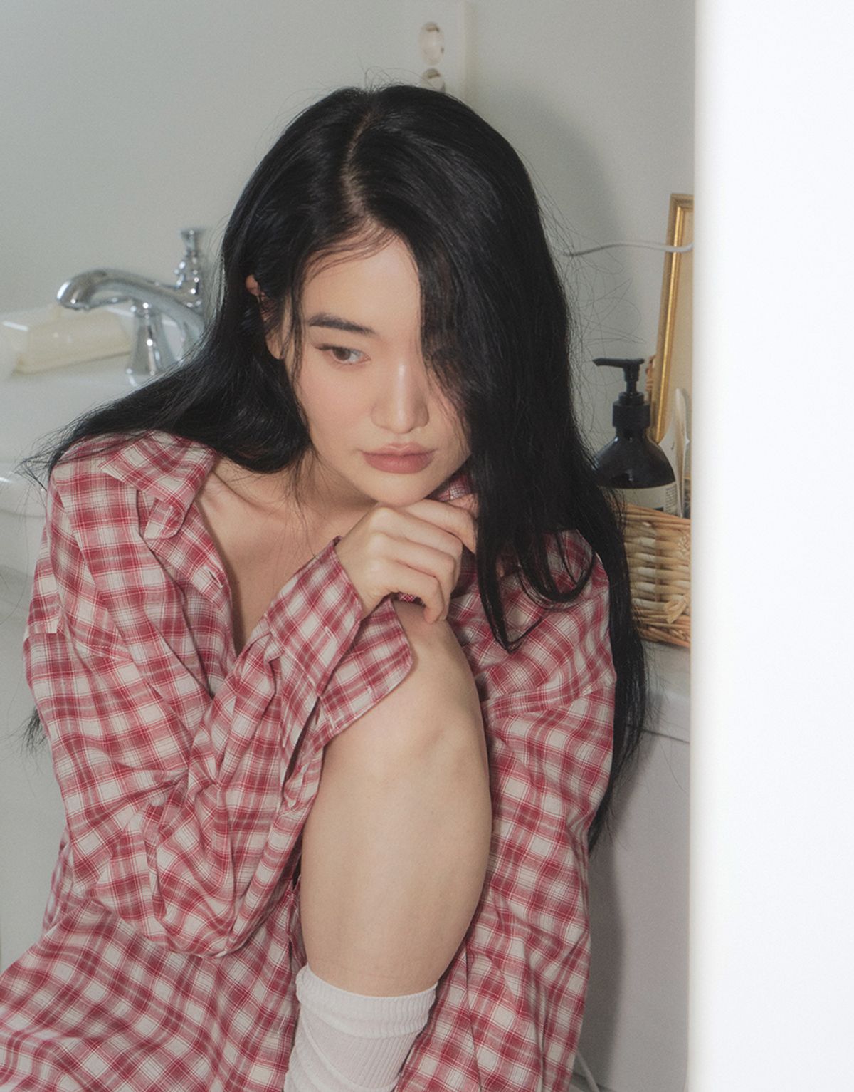 스트라이프마가린(STMG) 레터링 포켓 오버사이즈 체크 루즈 셔츠 레드