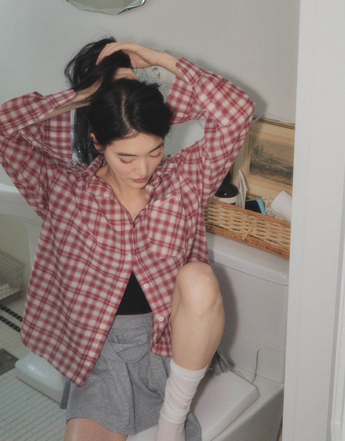 스트라이프마가린(STMG) 레터링 포켓 오버사이즈 체크 루즈 셔츠 레드
