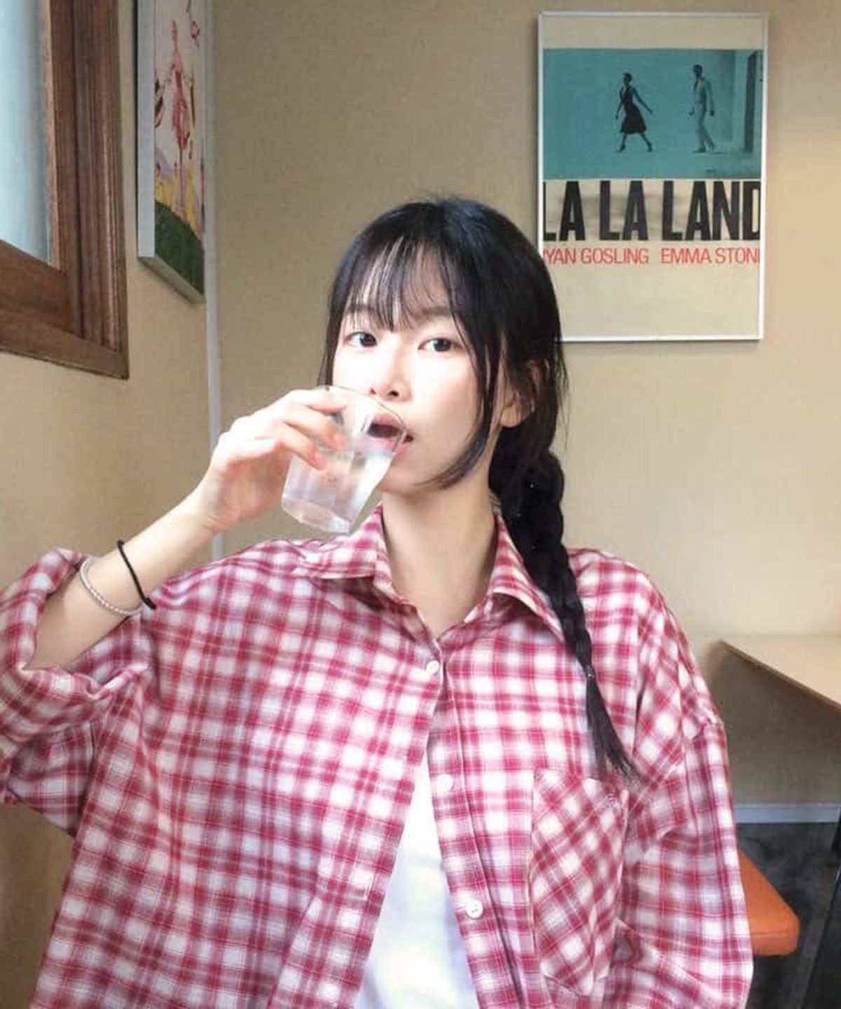 스트라이프마가린(STMG) 레터링 포켓 오버사이즈 체크 루즈 셔츠 레드