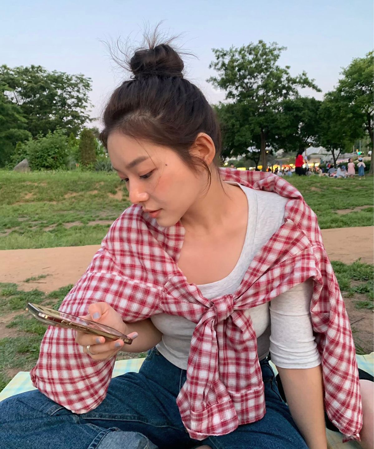 스트라이프마가린(STMG) 레터링 포켓 오버사이즈 체크 루즈 셔츠 레드